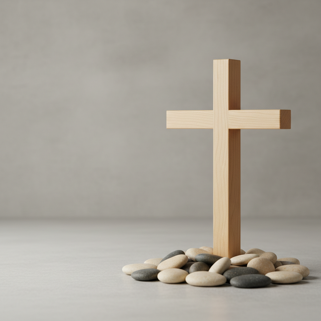 A contemporary, minimalist wooden cross crafted from smooth, pale maple wood with precise, clean lines and a matte finish, positioned upright against a soft stone-gray backdrop. The base of the cross is surrounded by neatly arranged pebbles in neutral tones, contributing to a sense of order and purpose. Diffused overcast window light uniformly bathes the cross, producing gentle, shadowless illumination that highlights the wood's texture. The composition uses a rule-of-thirds layout, ensuring the cross commands attention, with crisp details and harmonious spacing. This professional, photographic image radiates simplicity, strength, and serene devotion, perfectly suited for supporting reflective Christian content.